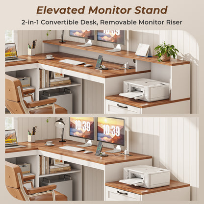 Korfile 59" L Shaped Desk with Drawers, Farmhouse Executive Desk with File Cabinet & Power Outlet, Computer Desk with Monitor Stand for Home Office, Corner Desk with Storage Shelves, Brown and White