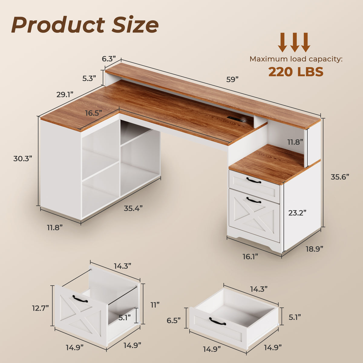 Korfile 59" L Shaped Desk with Drawers, Farmhouse Executive Desk with File Cabinet & Power Outlet, Computer Desk with Monitor Stand for Home Office, Corner Desk with Storage Shelves, Brown and White