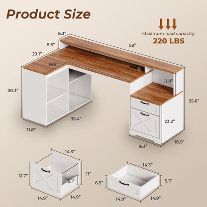 Korfile 59" L Shaped Desk with Drawers, Farmhouse Executive Desk with File Cabinet & Power Outlet, Computer Desk with Monitor Stand for Home Office, Corner Desk with Storage Shelves, Brown and White