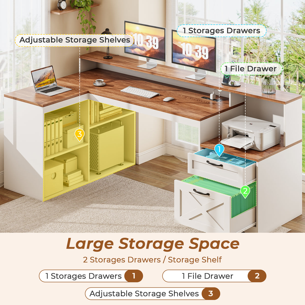 Korfile 59" L Shaped Desk with Drawers, Farmhouse Executive Desk with File Cabinet & Power Outlet, Computer Desk with Monitor Stand for Home Office, Corner Desk with Storage Shelves, Brown and White