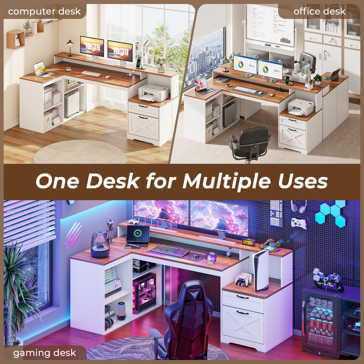 Korfile 59" L Shaped Desk with Drawers, Farmhouse Executive Desk with File Cabinet & Power Outlet, Computer Desk with Monitor Stand for Home Office, Corner Desk with Storage Shelves, Brown and White