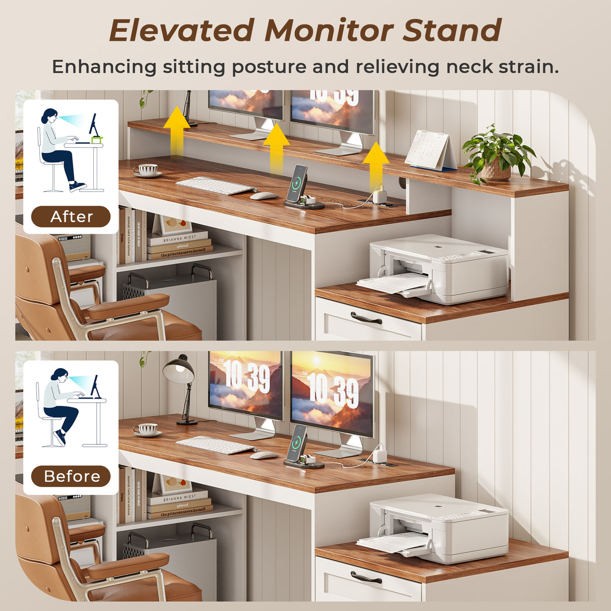 Korfile 59" L Shaped Desk with Drawers, Farmhouse Executive Desk with File Cabinet & Power Outlet, Computer Desk with Monitor Stand for Home Office, Corner Desk with Storage Shelves, Brown and White