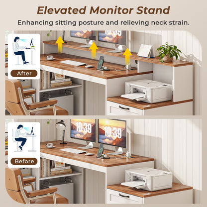 Korfile 59" L Shaped Desk with Drawers, Farmhouse Executive Desk with File Cabinet & Power Outlet, Computer Desk with Monitor Stand for Home Office, Corner Desk with Storage Shelves, Brown and White