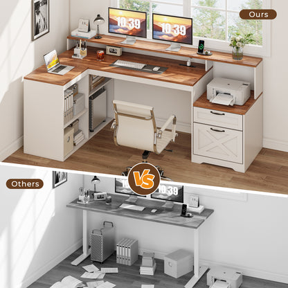 Korfile 59" L Shaped Desk with Drawers, Farmhouse Executive Desk with File Cabinet & Power Outlet, Computer Desk with Monitor Stand for Home Office, Corner Desk with Storage Shelves, Brown and White