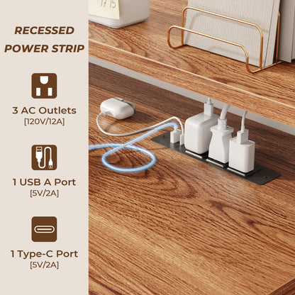 Korfile 59" L Shaped Desk with Drawers, Farmhouse Executive Desk with File Cabinet & Power Outlet, Computer Desk with Monitor Stand for Home Office, Corner Desk with Storage Shelves, Brown and White