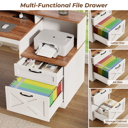 Korfile 59" L Shaped Desk with Drawers, Farmhouse Executive Desk with File Cabinet & Power Outlet, Computer Desk with Monitor Stand for Home Office, Corner Desk with Storage Shelves, Brown and White