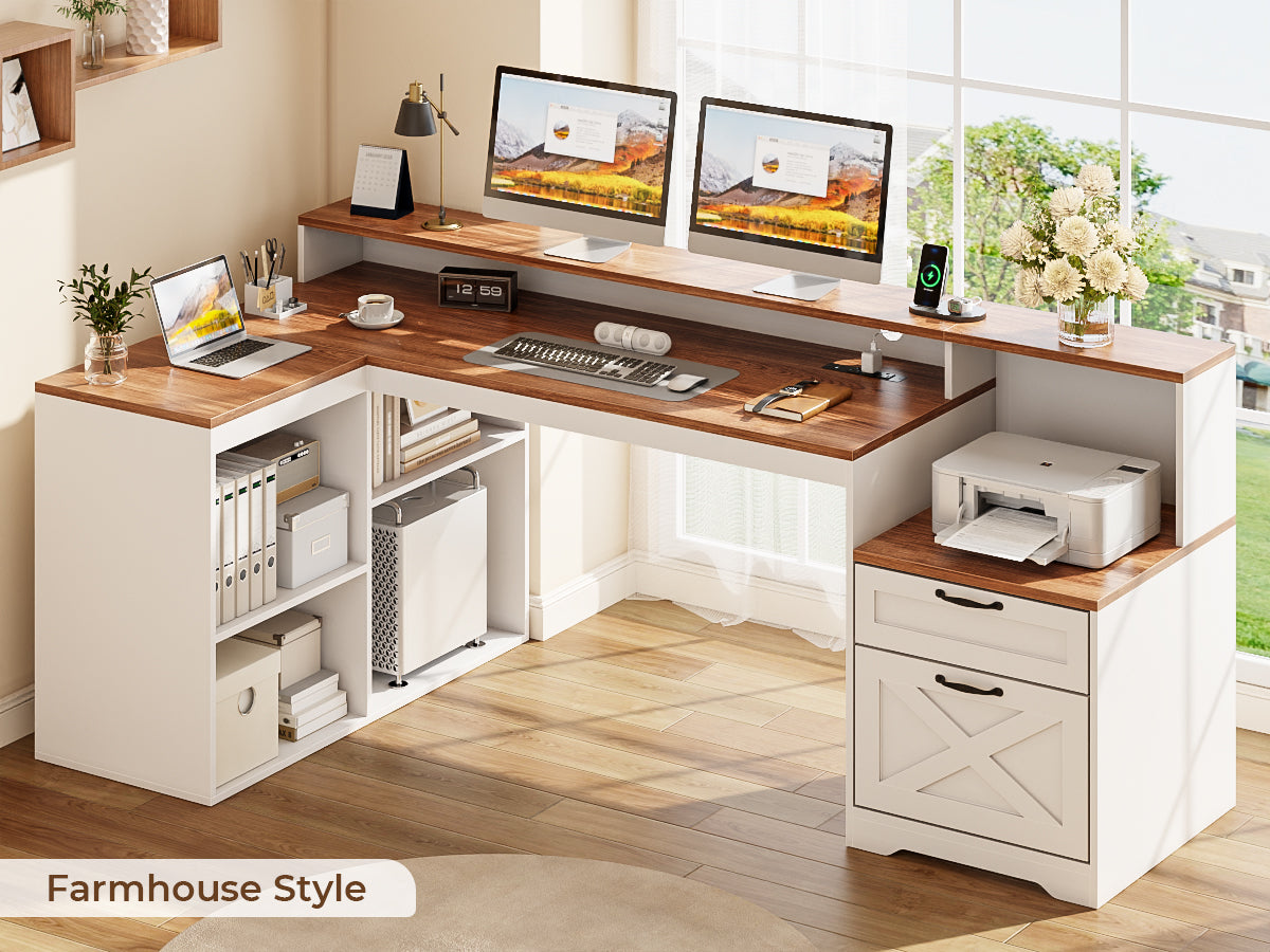 Korfile 59" L Shaped Desk with Drawers, Farmhouse Executive Desk with File Cabinet & Power Outlet, Computer Desk with Monitor Stand for Home Office, Corner Desk with Storage Shelves, Brown and White