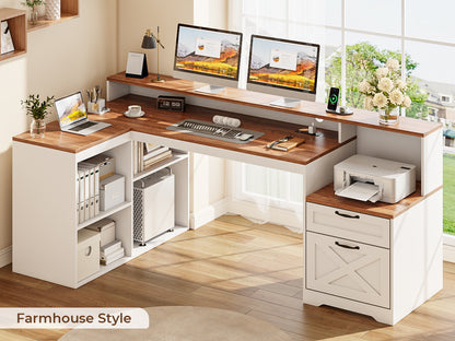 Korfile 59" L Shaped Desk with Drawers, Farmhouse Executive Desk with File Cabinet & Power Outlet, Computer Desk with Monitor Stand for Home Office, Corner Desk with Storage Shelves, Brown and White