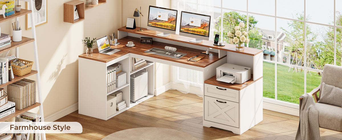 Korfile 59" L Shaped Desk with Drawers, Farmhouse Executive Desk with File Cabinet & Power Outlet, Computer Desk with Monitor Stand for Home Office, Corner Desk with Storage Shelves, Brown and White
