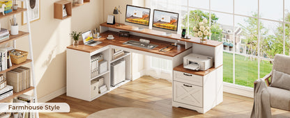 Korfile 59" L Shaped Desk with Drawers, Farmhouse Executive Desk with File Cabinet & Power Outlet, Computer Desk with Monitor Stand for Home Office, Corner Desk with Storage Shelves, Brown and White