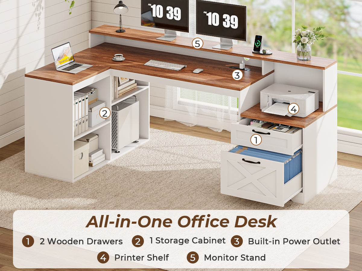 Korfile 59" L Shaped Desk with Drawers, Farmhouse Executive Desk with File Cabinet & Power Outlet, Computer Desk with Monitor Stand for Home Office, Corner Desk with Storage Shelves, Brown and White