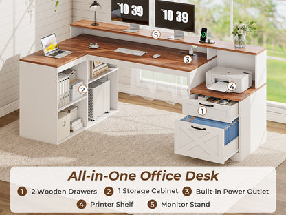 Korfile 59" L Shaped Desk with Drawers, Farmhouse Executive Desk with File Cabinet & Power Outlet, Computer Desk with Monitor Stand for Home Office, Corner Desk with Storage Shelves, Brown and White