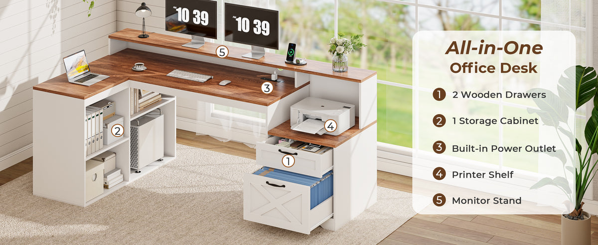 Korfile 59" L Shaped Desk with Drawers, Farmhouse Executive Desk with File Cabinet & Power Outlet, Computer Desk with Monitor Stand for Home Office, Corner Desk with Storage Shelves, Brown and White