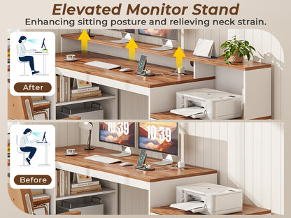 Korfile 59" L Shaped Desk with Drawers, Farmhouse Executive Desk with File Cabinet & Power Outlet, Computer Desk with Monitor Stand for Home Office, Corner Desk with Storage Shelves, Brown and White
