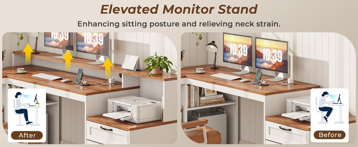 Korfile 59" L Shaped Desk with Drawers, Farmhouse Executive Desk with File Cabinet & Power Outlet, Computer Desk with Monitor Stand for Home Office, Corner Desk with Storage Shelves, Brown and White