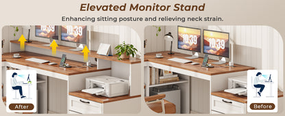Korfile 59" L Shaped Desk with Drawers, Farmhouse Executive Desk with File Cabinet & Power Outlet, Computer Desk with Monitor Stand for Home Office, Corner Desk with Storage Shelves, Brown and White