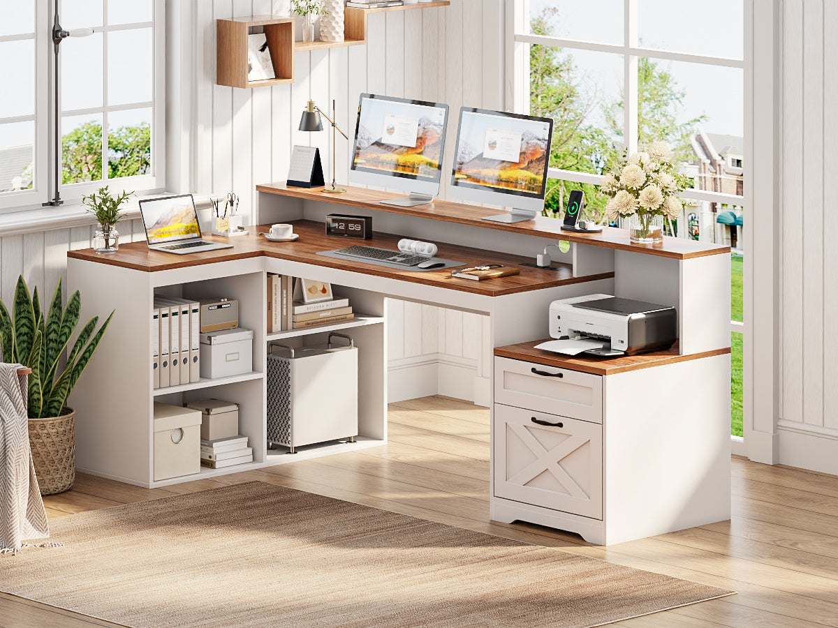 Korfile 59" L Shaped Desk with Drawers, Farmhouse Executive Desk with File Cabinet & Power Outlet, Computer Desk with Monitor Stand for Home Office, Corner Desk with Storage Shelves, Brown and White