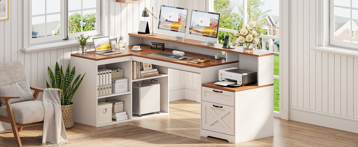 Korfile 59" L Shaped Desk with Drawers, Farmhouse Executive Desk with File Cabinet & Power Outlet, Computer Desk with Monitor Stand for Home Office, Corner Desk with Storage Shelves, Brown and White