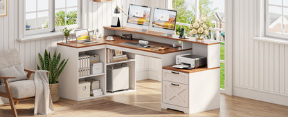 Korfile 59" L Shaped Desk with Drawers, Farmhouse Executive Desk with File Cabinet & Power Outlet, Computer Desk with Monitor Stand for Home Office, Corner Desk with Storage Shelves, Brown and White