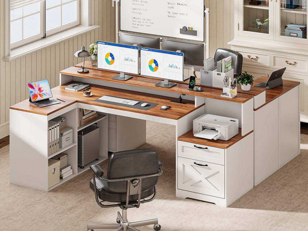 Korfile 59" L Shaped Desk with Drawers, Farmhouse Executive Desk with File Cabinet & Power Outlet, Computer Desk with Monitor Stand for Home Office, Corner Desk with Storage Shelves, Brown and White