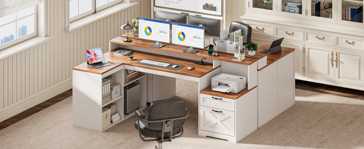 Korfile 59" L Shaped Desk with Drawers, Farmhouse Executive Desk with File Cabinet & Power Outlet, Computer Desk with Monitor Stand for Home Office, Corner Desk with Storage Shelves, Brown and White
