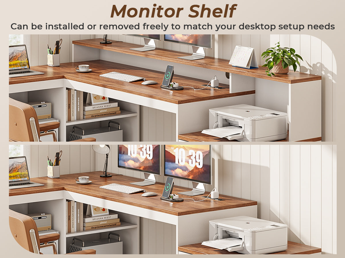 Korfile 59" L Shaped Desk with Drawers, Farmhouse Executive Desk with File Cabinet & Power Outlet, Computer Desk with Monitor Stand for Home Office, Corner Desk with Storage Shelves, Brown and White
