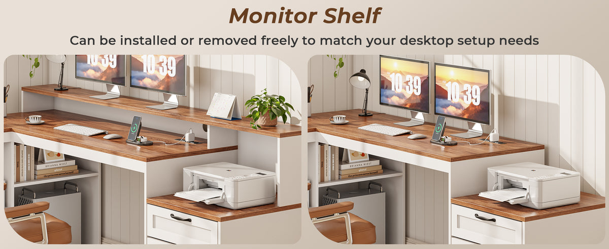 Korfile 59" L Shaped Desk with Drawers, Farmhouse Executive Desk with File Cabinet & Power Outlet, Computer Desk with Monitor Stand for Home Office, Corner Desk with Storage Shelves, Brown and White