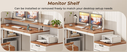 Korfile 59" L Shaped Desk with Drawers, Farmhouse Executive Desk with File Cabinet & Power Outlet, Computer Desk with Monitor Stand for Home Office, Corner Desk with Storage Shelves, Brown and White