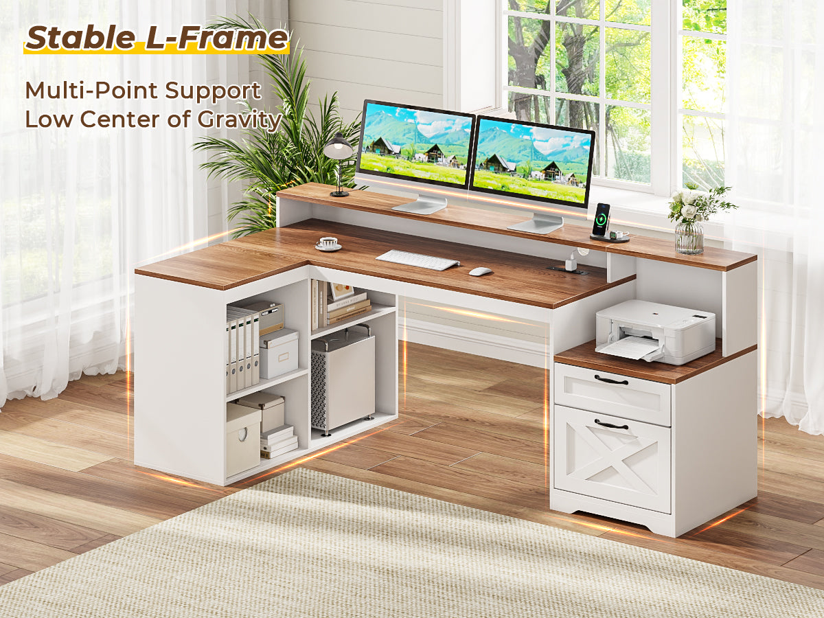 Korfile 59" L Shaped Desk with Drawers, Farmhouse Executive Desk with File Cabinet & Power Outlet, Computer Desk with Monitor Stand for Home Office, Corner Desk with Storage Shelves, Brown and White