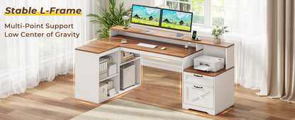 Korfile 59" L Shaped Desk with Drawers, Farmhouse Executive Desk with File Cabinet & Power Outlet, Computer Desk with Monitor Stand for Home Office, Corner Desk with Storage Shelves, Brown and White