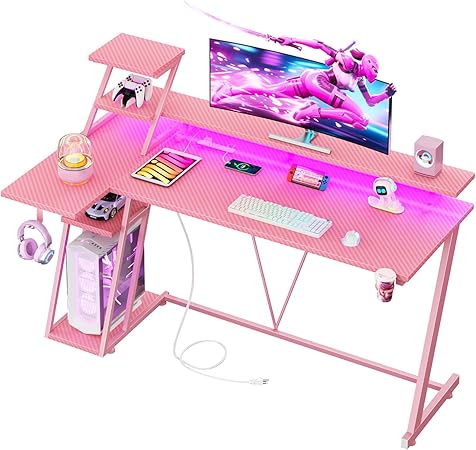 55 Inch Gaming Desk with LED Lights & Power Outlet