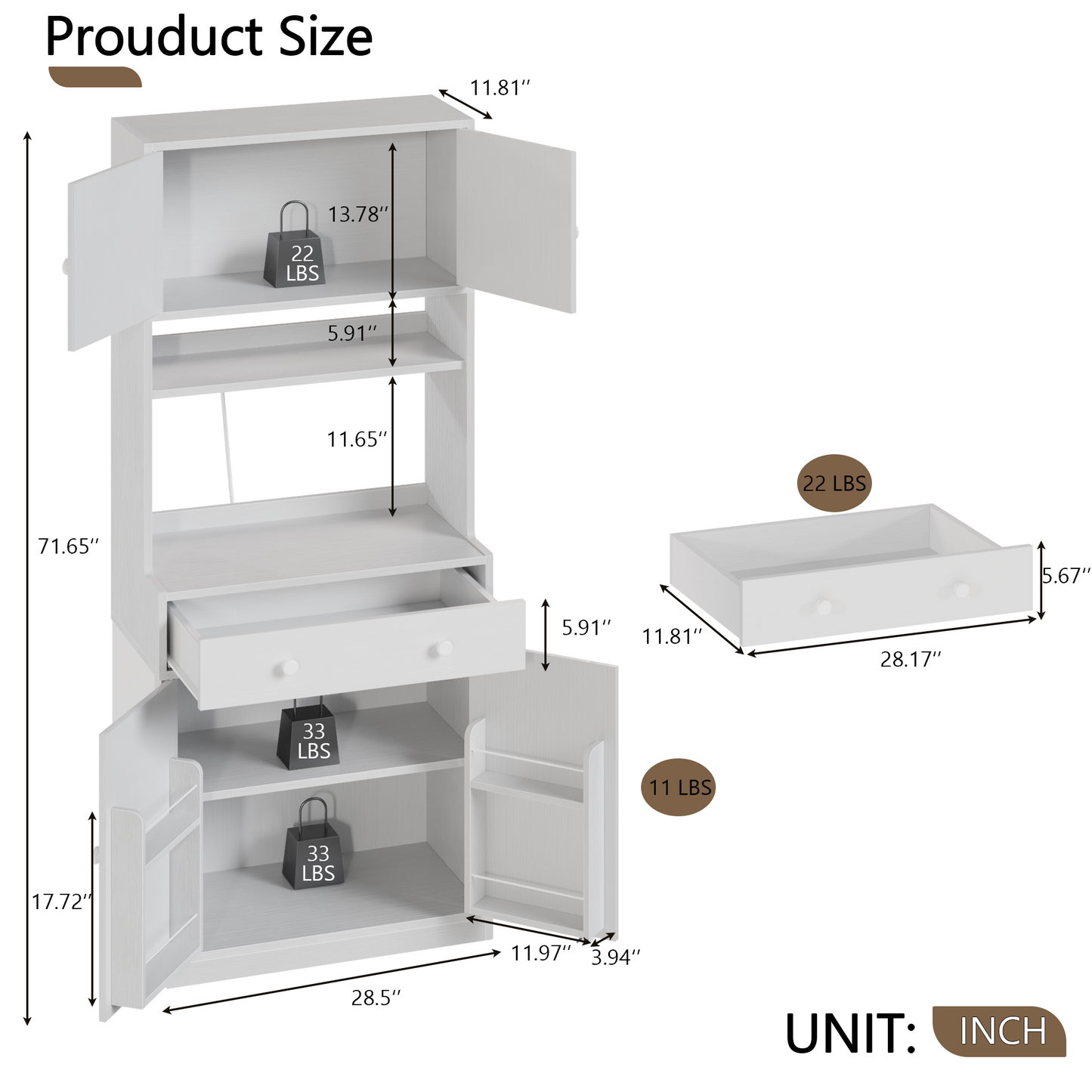 Korfile 71'' Tall White Farmhouse Kitchen Pantry Storage Cabinet Freestanding Microwave Stand with Hutch Doors Drawers for Dining Room Furniture