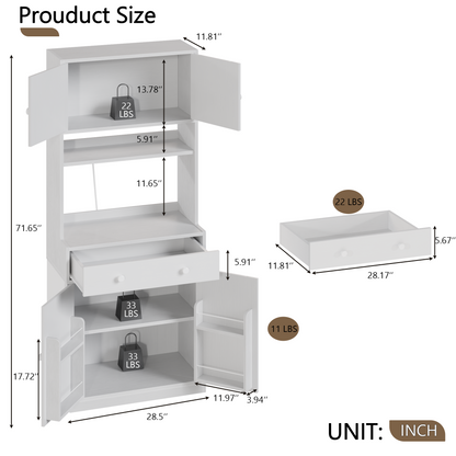 Korfile 71'' Tall White Farmhouse Kitchen Pantry Storage Cabinet Freestanding Microwave Stand with Hutch Doors Drawers for Dining Room Furniture