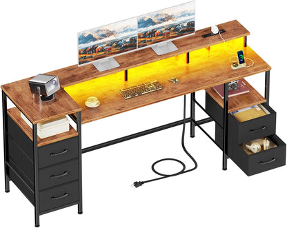 61 Inch Computer Gaming Desk with Power Outlets LED Lights Reversible Home Office with Adjustable Fabric Storage Drawers for Working Writing Study, Rustic Brown