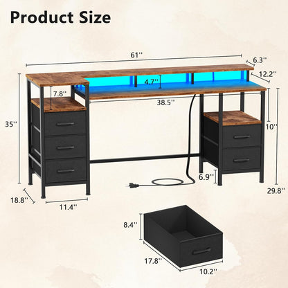 61 Inch Computer Gaming Desk with Power Outlets LED Lights Reversible Home Office with Adjustable Fabric Storage Drawers for Working Writing Study, Rustic Brown