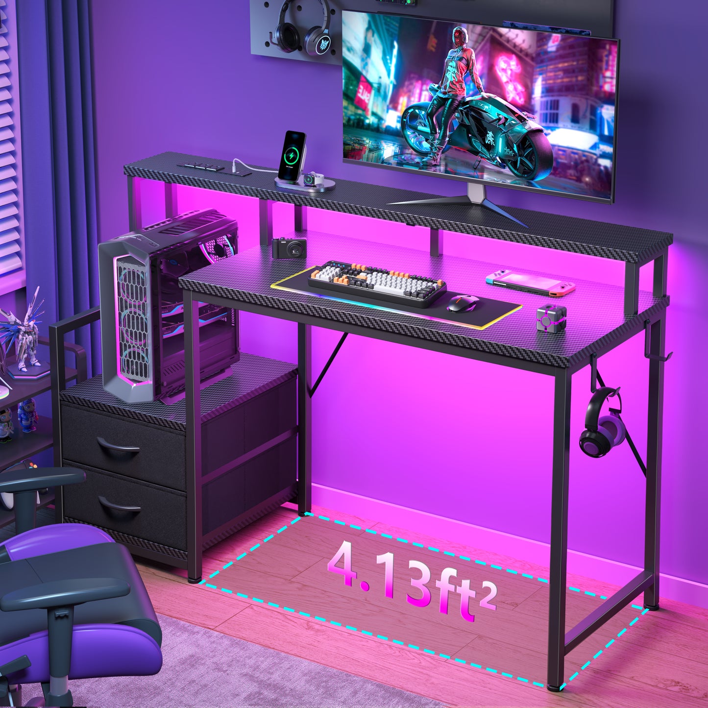 Korfile 47 inch Gaming Desk with Power Outlets & Storage Shelves, Reversible Computer Gaming Desk with Fabric Drawers and Monitor Stand, Corner Gaming Table for Home Office, Work, Writing, Gaming