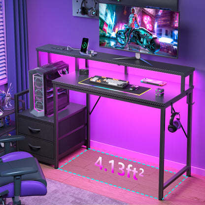 Korfile 47 inch Gaming Desk with Power Outlets & Storage Shelves, Reversible Computer Gaming Desk with Fabric Drawers and Monitor Stand, Corner Gaming Table for Home Office, Work, Writing, Gaming