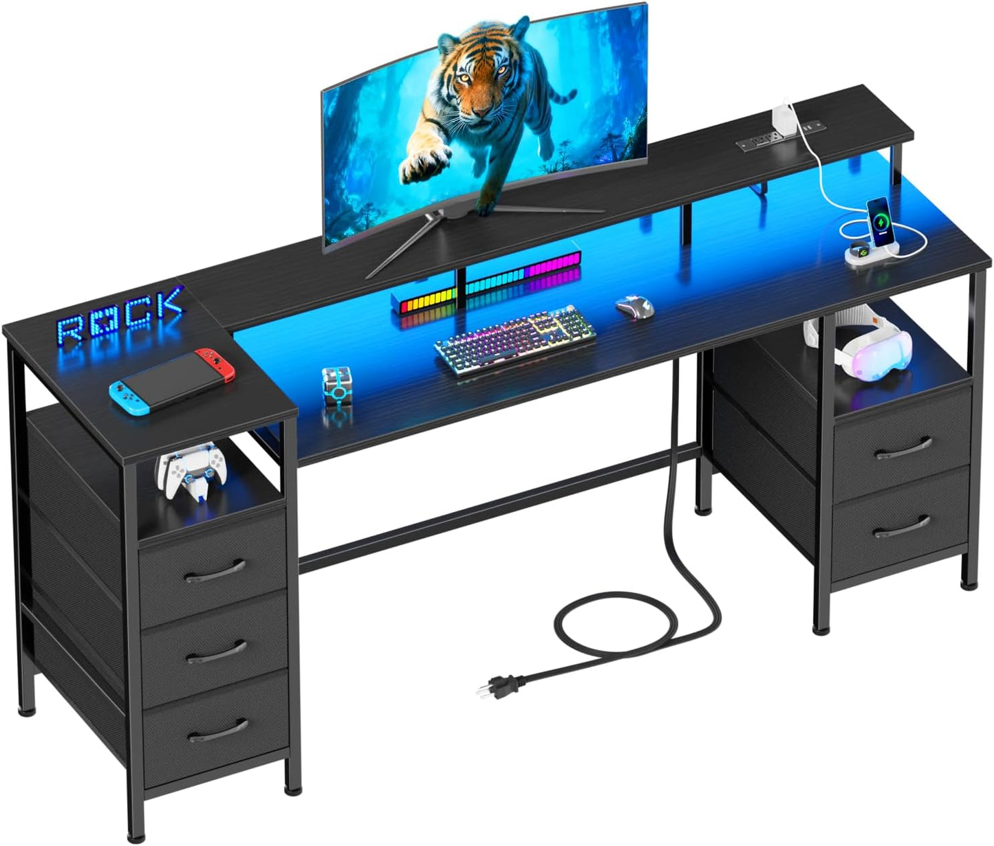 61 Inch Computer Gaming Desk with Power Outlets & LED Lights Reversible Home Office Desk with Adjustable 5 Fabric Storage Drawers for Working Writing Study,Black