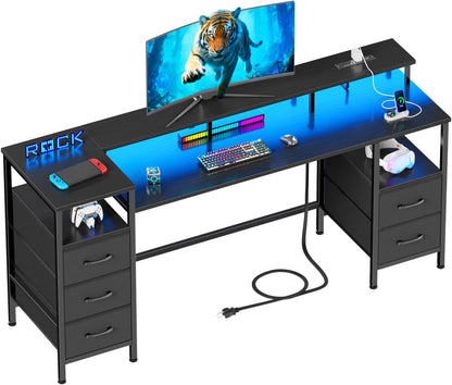 61 Inch Computer Gaming Desk with Power Outlets & LED Lights Reversible Home Office Desk with Adjustable 5 Fabric Storage Drawers for Working Writing Study,Black