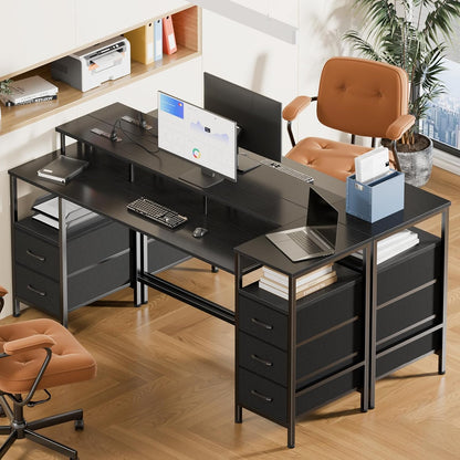 61 Inch Computer Gaming Desk with Power Outlets & LED Lights Reversible Home Office Desk with Adjustable 5 Fabric Storage Drawers for Working Writing Study,Black
