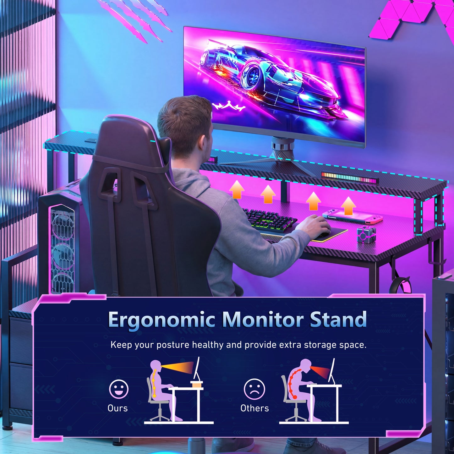 Korfile 47 inch Gaming Desk with Power Outlets & Storage Shelves, Reversible Computer Gaming Desk with Fabric Drawers and Monitor Stand, Corner Gaming Table for Home Office, Work, Writing, Gaming