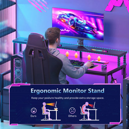 Korfile 47 inch Gaming Desk with Power Outlets & Storage Shelves, Reversible Computer Gaming Desk with Fabric Drawers and Monitor Stand, Corner Gaming Table for Home Office, Work, Writing, Gaming
