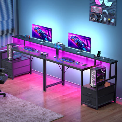 Korfile 55 inch Gaming Desk with Power Outlets & Storage Shelves, Reversible Computer Gaming Desk with Fabric Drawers and Monitor Stand, Corner Gaming Table for Home Office, Work, Writing, Gaming