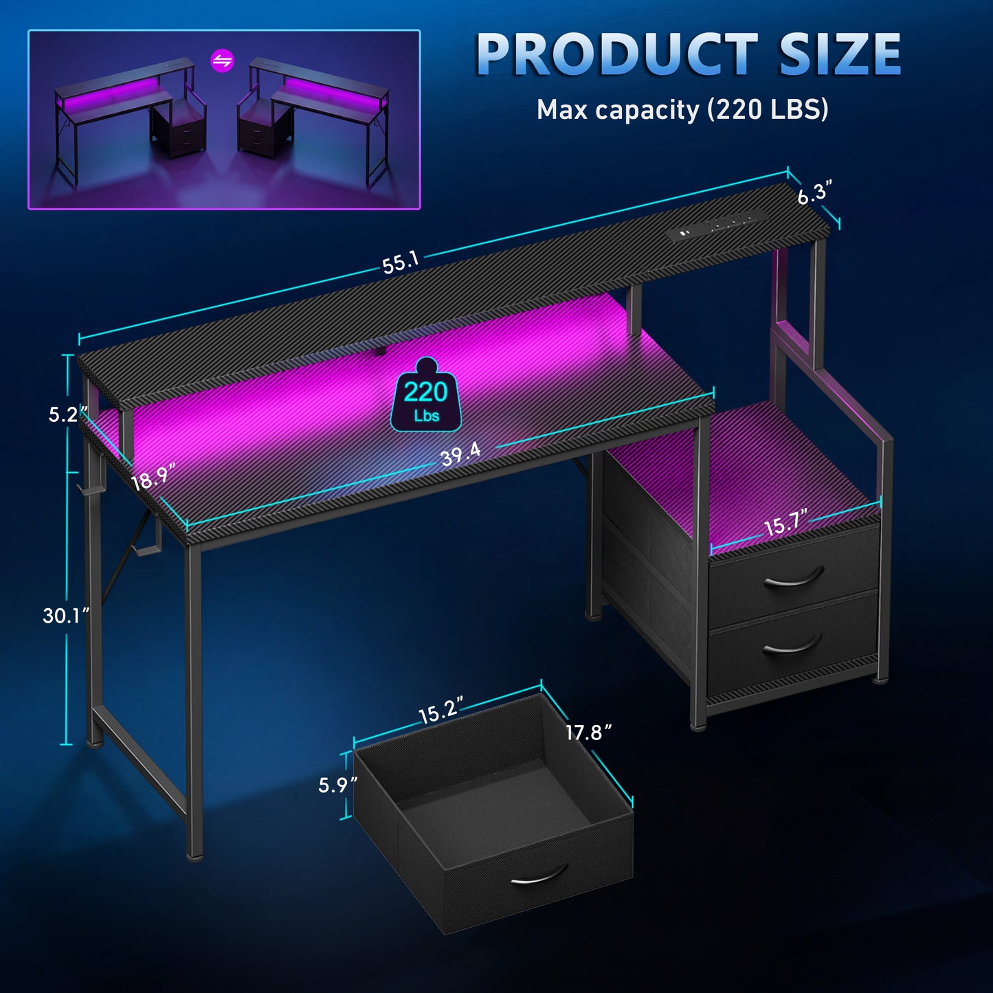 Korfile 55 inch Gaming Desk with Power Outlets & Storage Shelves, Reversible Computer Gaming Desk with Fabric Drawers and Monitor Stand, Corner Gaming Table for Home Office, Work, Writing, Gaming