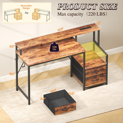 Korfile 47 inch Gaming Desk with Power Outlets & Storage Shelves, Reversible Computer Gaming Desk with Fabric Drawers and Monitor Stand, Corner Gaming Table for Home Office, Work, Writing, Gaming
