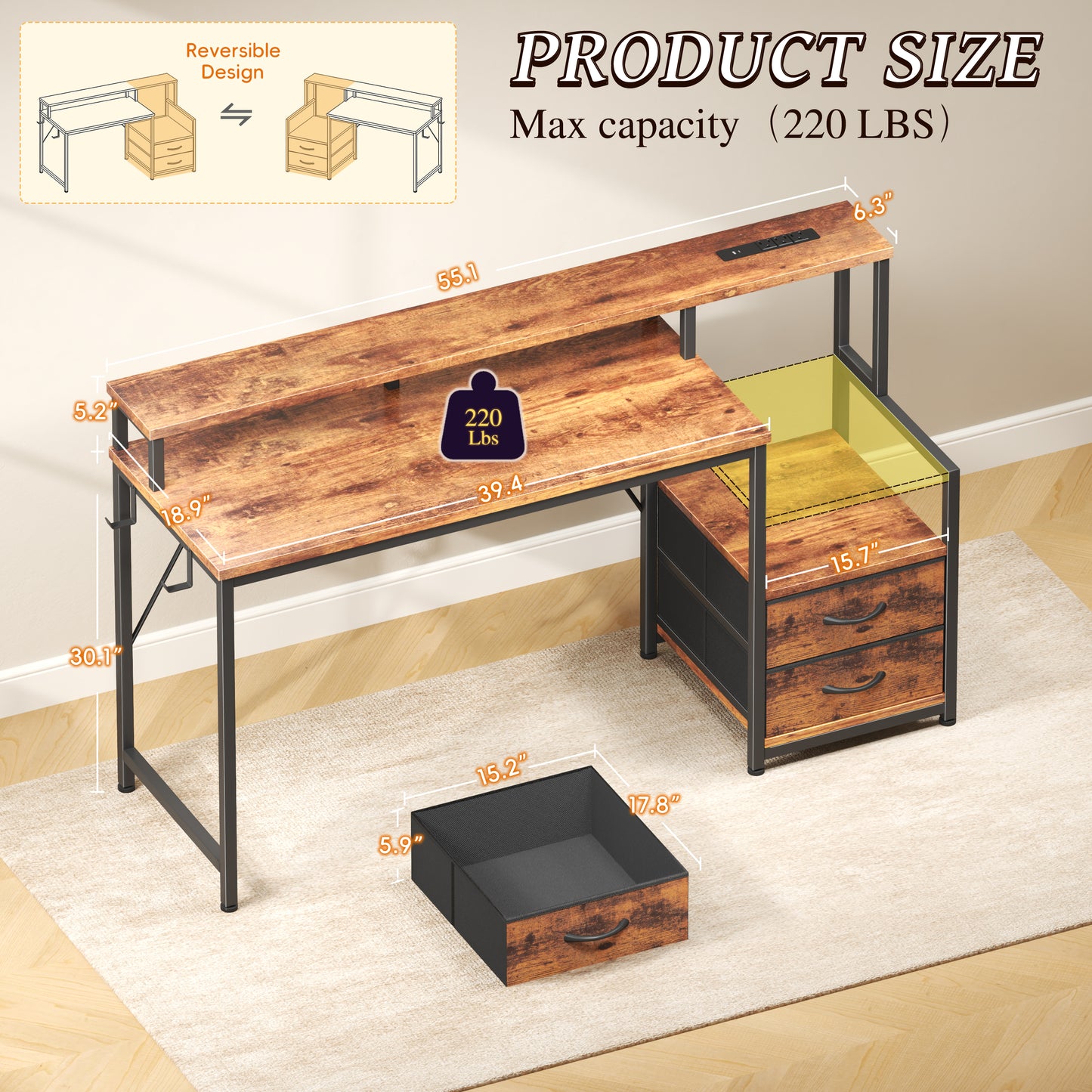 Korfile 55 inch Gaming Desk with Power Outlets & Storage Shelves, Reversible Computer Gaming Desk with Fabric Drawers and Monitor Stand, Corner Gaming Table for Home Office, Work, Writing, Gaming